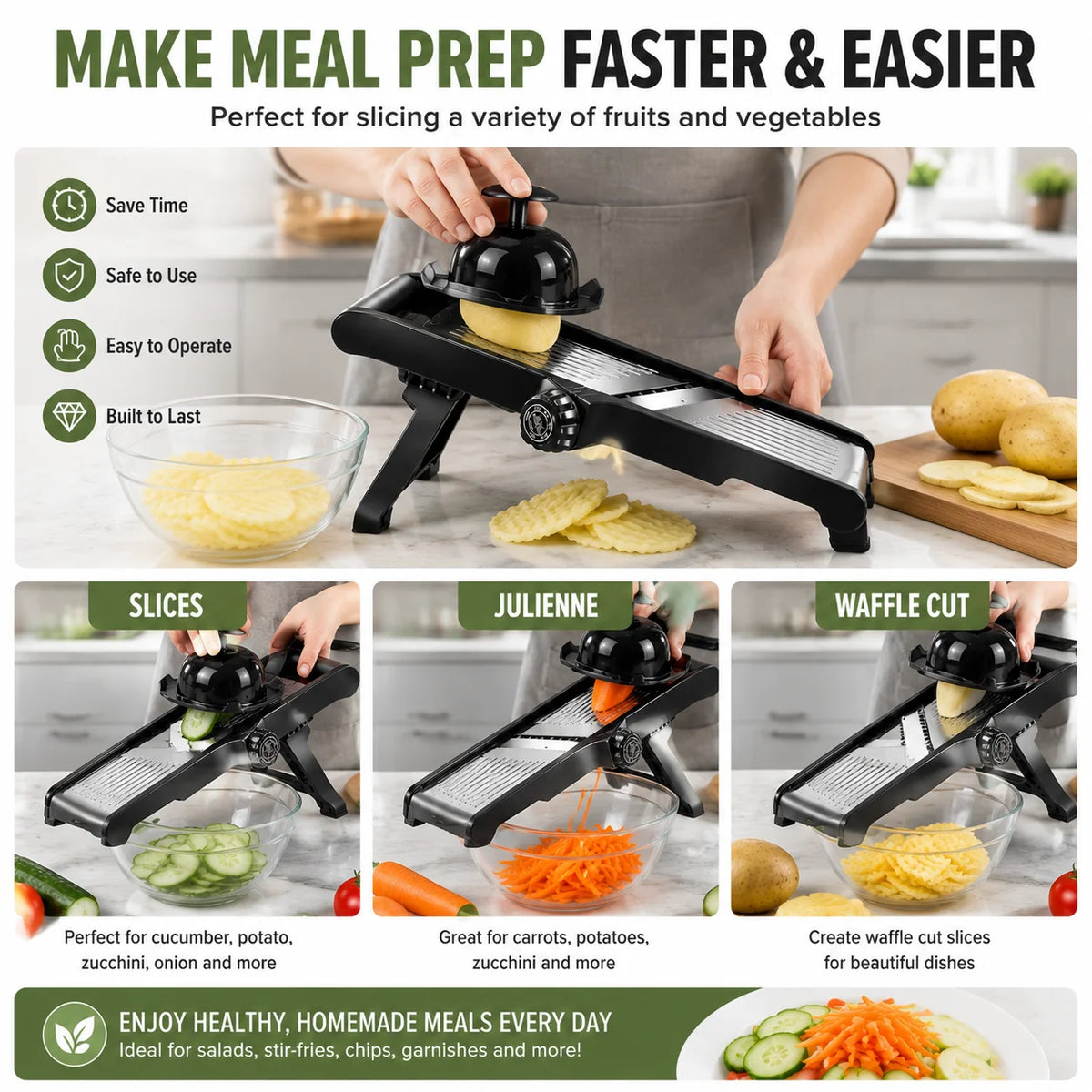 Adjustable Mandoline Slicer for Vegetables, Stainless Steel Blade Food Slicer Cutter, Multi-Thickness Potato Carrot Cucumber Slicer, Kitchen Cutting Tool for Home Cooking