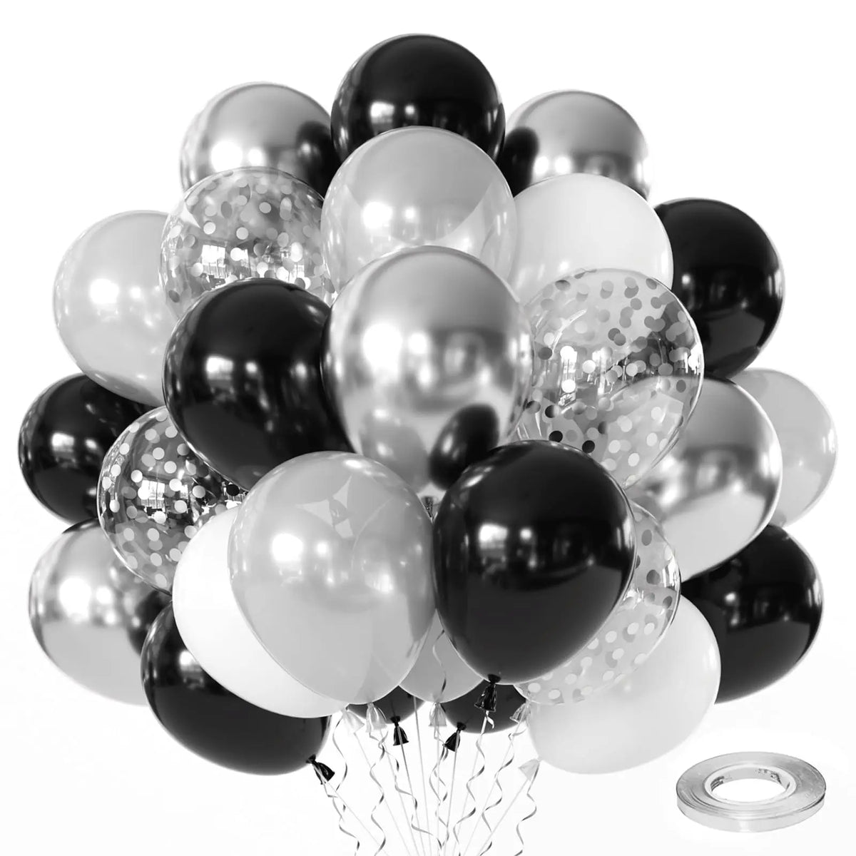 Zesliwy Black Gold Confetti Balloons 50 pack - 12 Inch Gold White and Black Confetti Balloons with Ribbons for Graduation Birthday Wedding Party Decorations