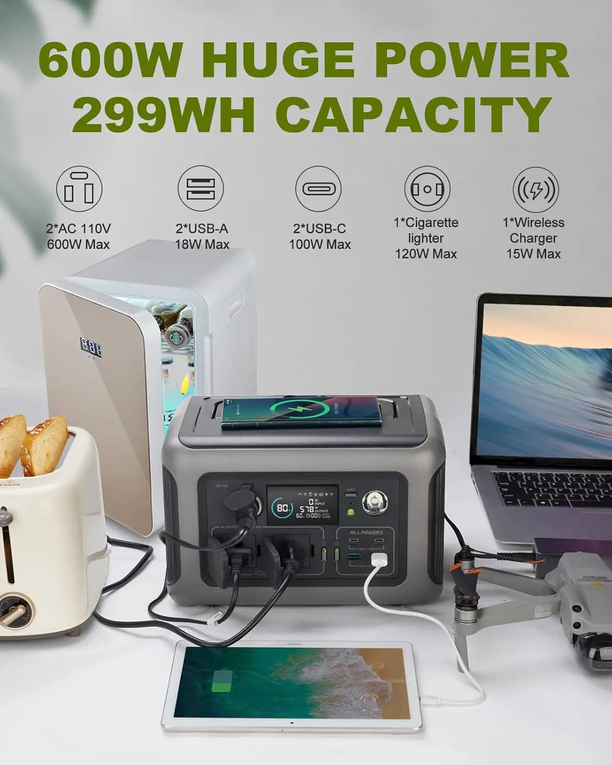 ALLPOWERS Portable Power Station With 600W AC Outlets For Camping