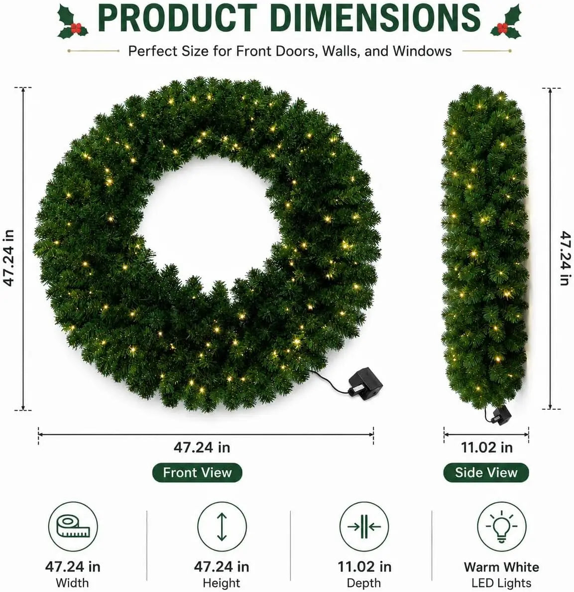 36 Inch Pre-Lit Artificial Christmas Wreath – Realistic Pine Door Decor with Pinecones & Berries, Warm White LED Lights for Holiday Entryway, Wall & Mantel