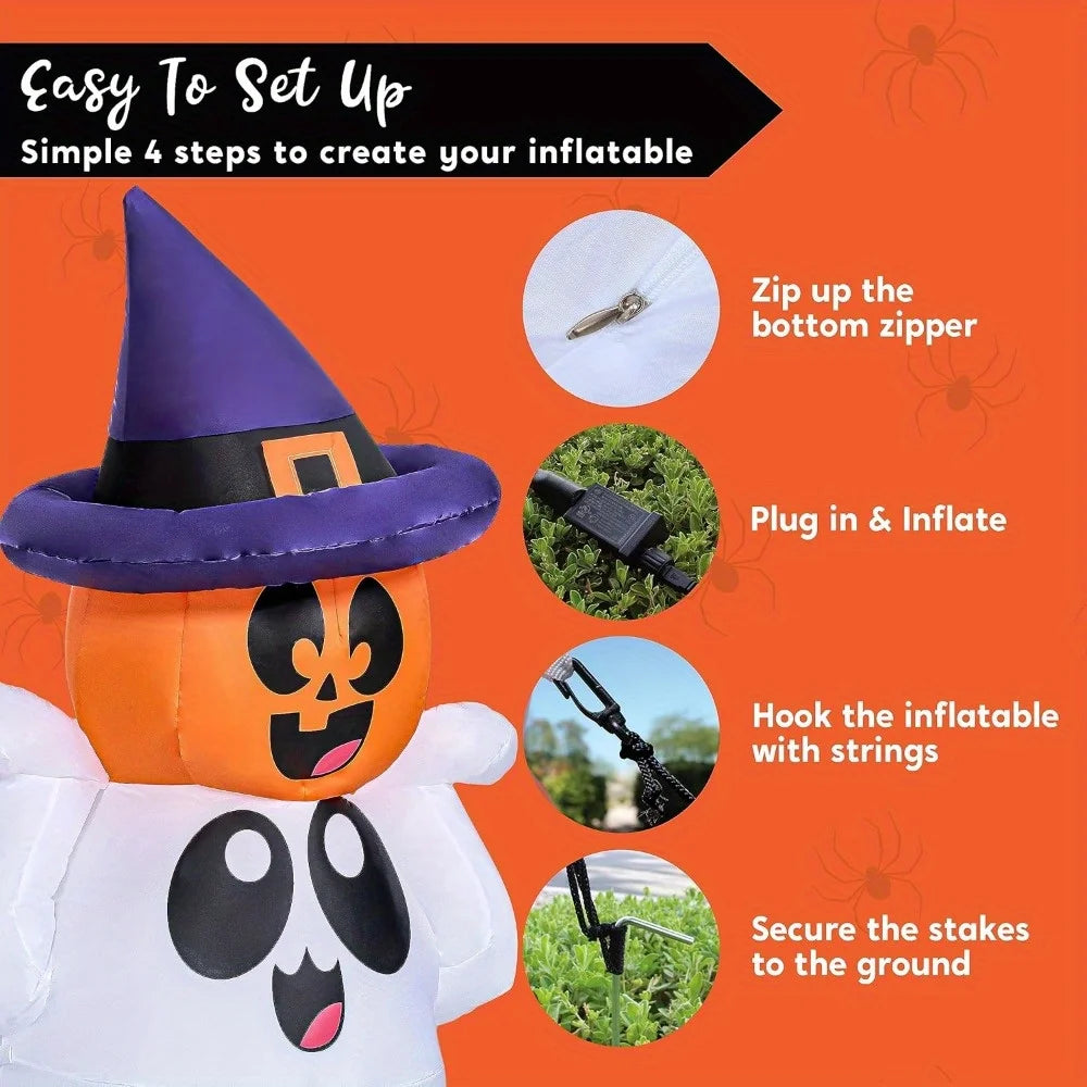 Pumpkin & Ghost Inflatable, Colorful Glowing LED Lights, 5 FT Tall