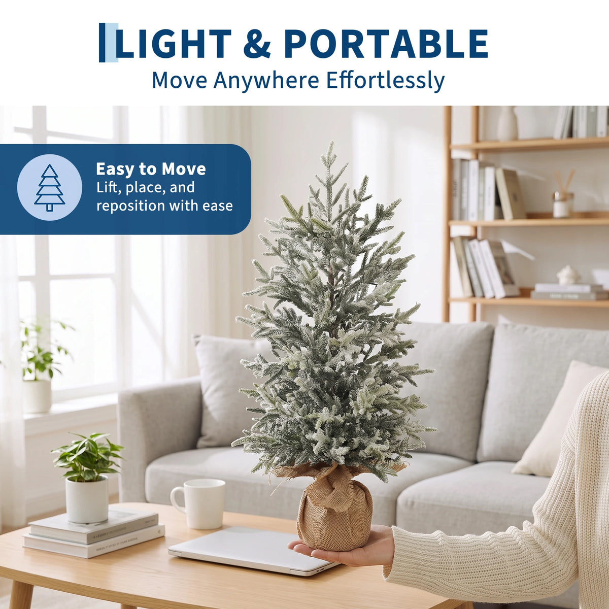 53cm/21Inch White Flocked Mini Christmas Tree Small Desktop Xmas Tree Tabletop Ornament for Bedroom Desk Office Home Christmas Decor