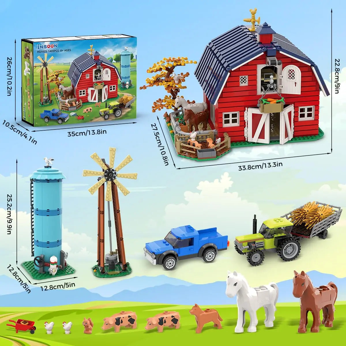 Hogokids Farm Barn Building Set With Windmill Tractor And Horse