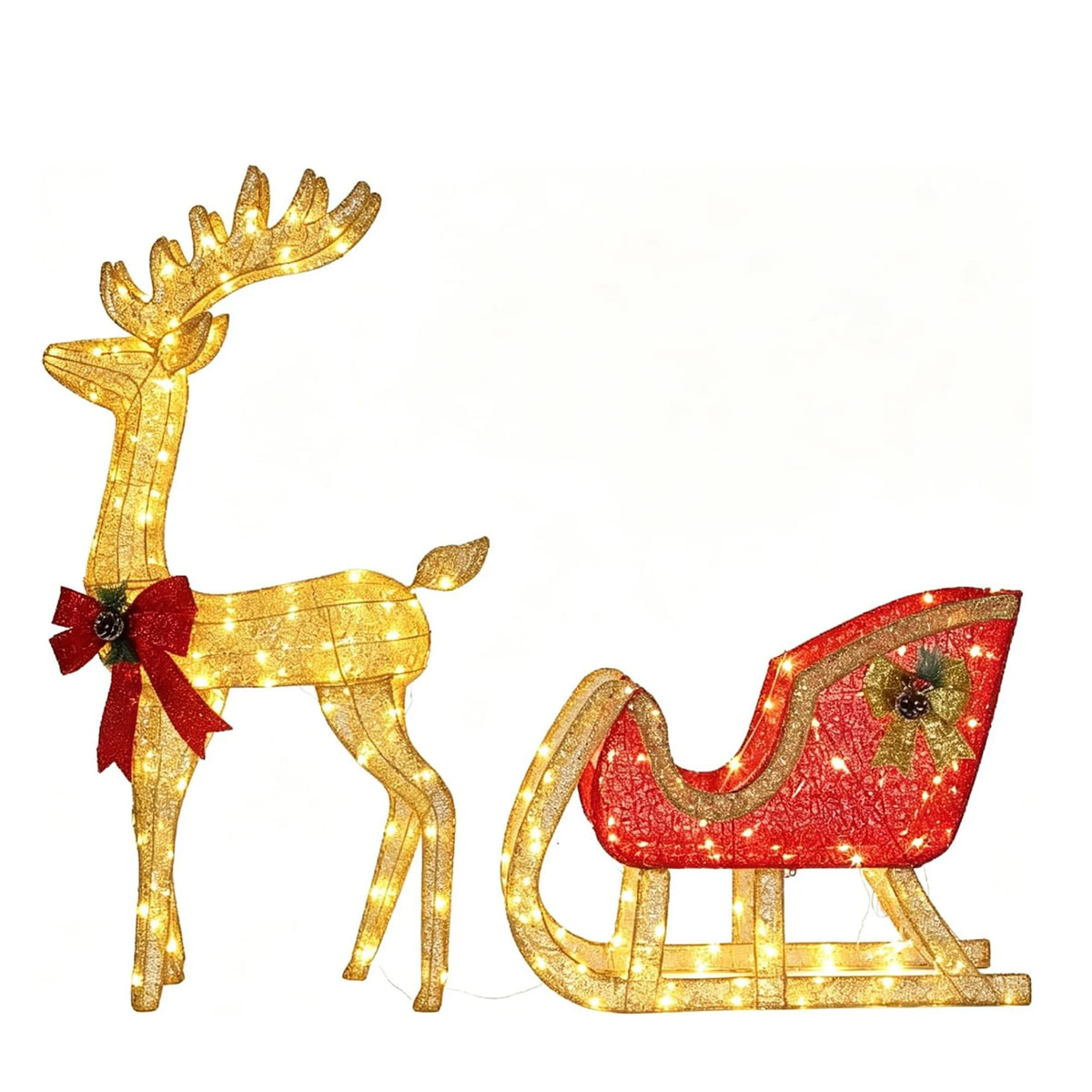 4ft Lighted Christmas Reindeer And Sleigh Set With 180 Led Lights, Outdoor Yard Decor With Ground Stakes For Lawn Patio Garden Porch