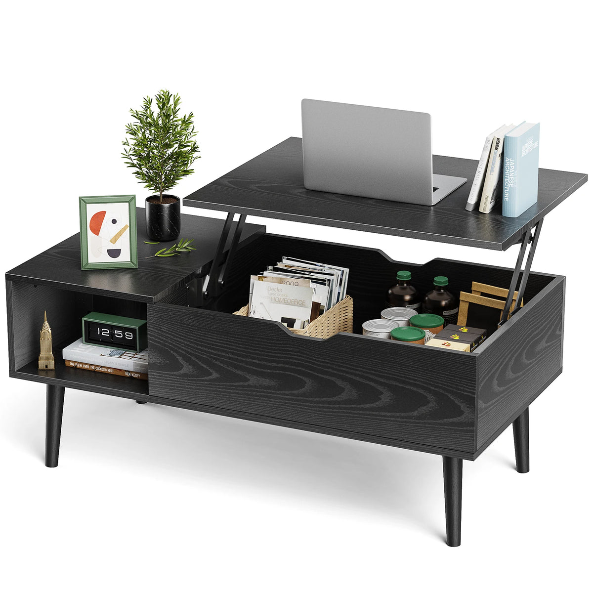 Wood Living Room Lift Top Coffee Tables Adjustable Storage Shelf, Easy Lift & Lower For Dining Table Use