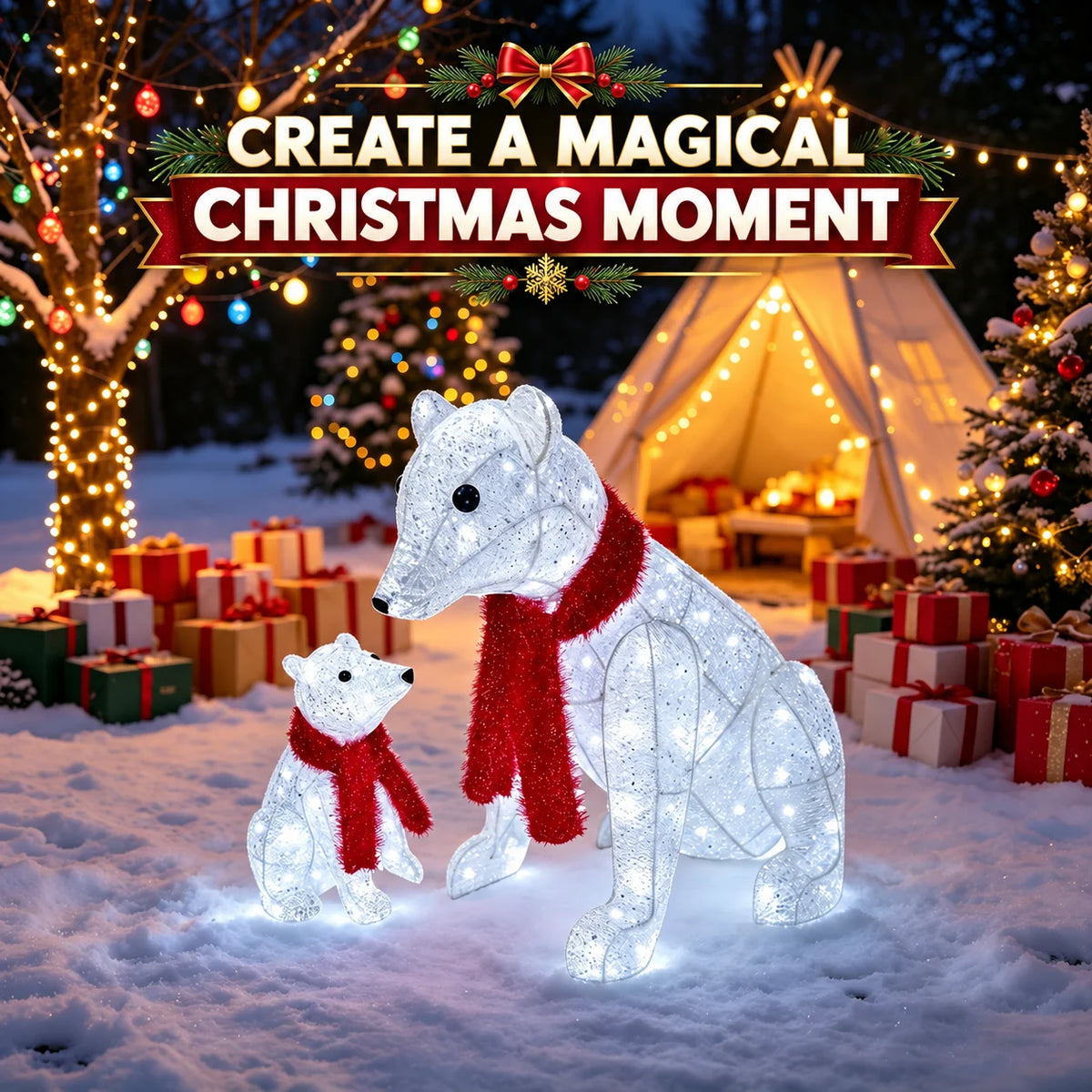 Illuminated Polar Bear Duo, 71cm & 39cm Tall, 100+40 White Bulbs, Metal Frame, Indoor Floor & Winter Display, Festive Decor For Hallway, Home Party And Window Setting. Lighted Holiday Displays, Decorative Lights, Holiday Deco