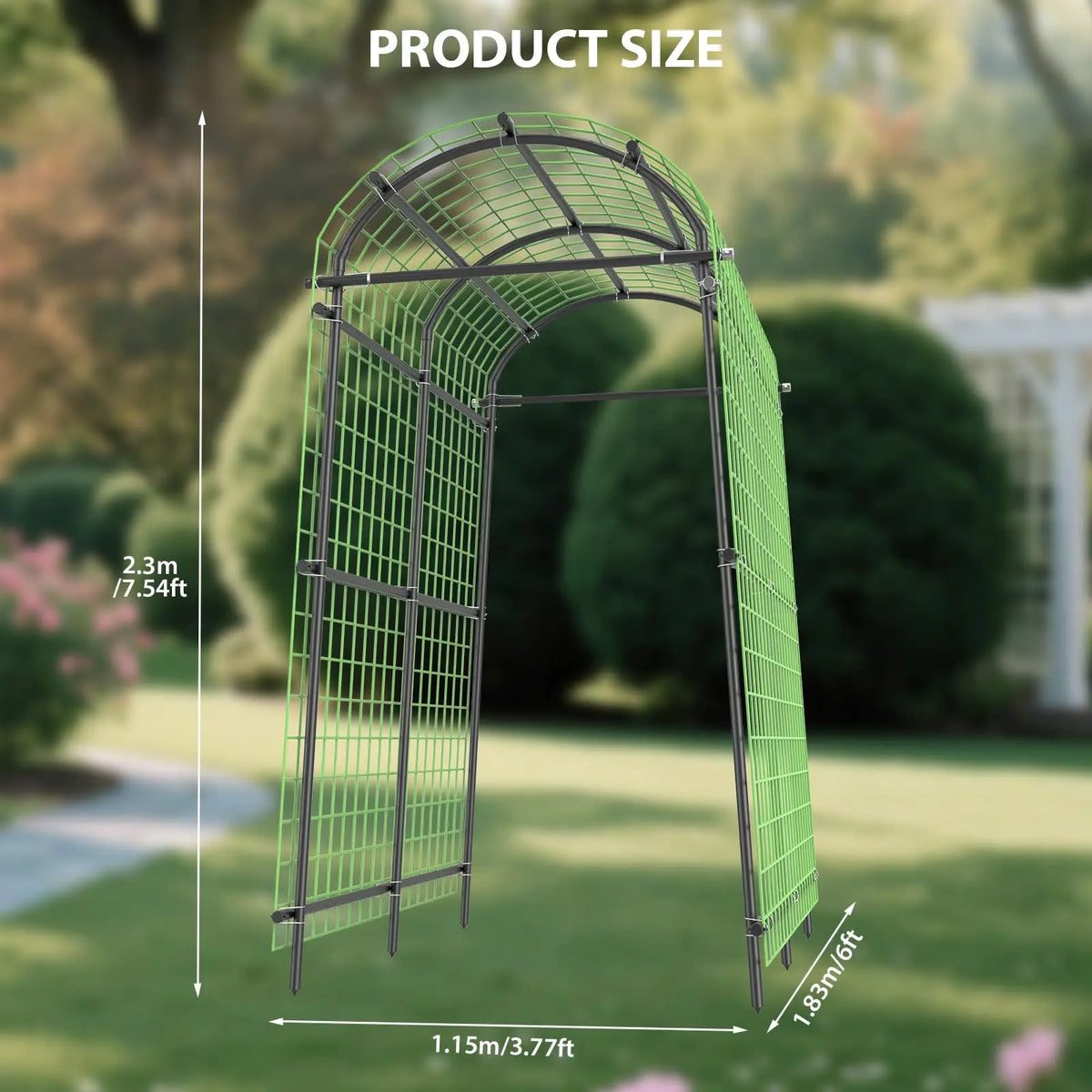 7.5FT Metal Garden Arch Trellis with Netting, Adjustable 35"–45" Wide Weatherproof Steel Arbor for Climbing Vegetables, Grapes & Roses, Fold-Out Plant Pergola with Ground Clips, Easy DIY Assembly