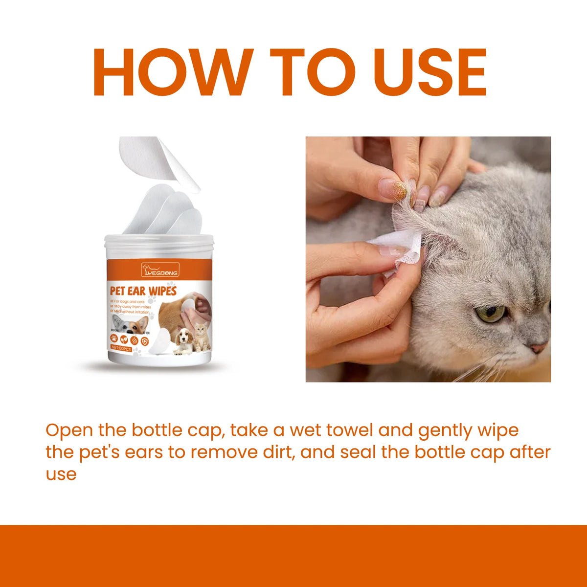 60PCS Pet Ear Cleaning Wipes Gentle Remove Earwax Reduce Ear Stains Eliminate Bad Odor Mite Removal Non-irritating Pet Ear Wet Tissues for Cats & Dogs