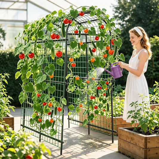 7.5FT Metal Garden Arch Trellis with Netting, Adjustable 35"–45" Wide Weatherproof Steel Arbor for Climbing Vegetables, Grapes & Roses, Fold-Out Plant Pergola with Ground Clips, Easy DIY Assembly