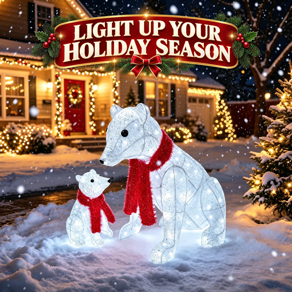 Illuminated Polar Bear Duo, 71cm & 39cm Tall, 100+40 White Bulbs, Metal Frame, Indoor Floor & Winter Display, Festive Decor For Hallway, Home Party And Window Setting. Lighted Holiday Displays, Decorative Lights, Holiday Deco