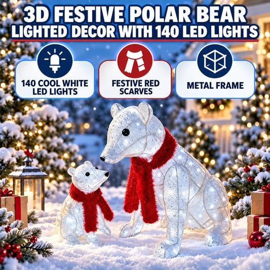 Illuminated Polar Bear Duo, 71cm & 39cm Tall, 100+40 White Bulbs, Metal Frame, Indoor Floor & Winter Display, Festive Decor For Hallway, Home Party And Window Setting. Lighted Holiday Displays, Decorative Lights, Holiday Deco
