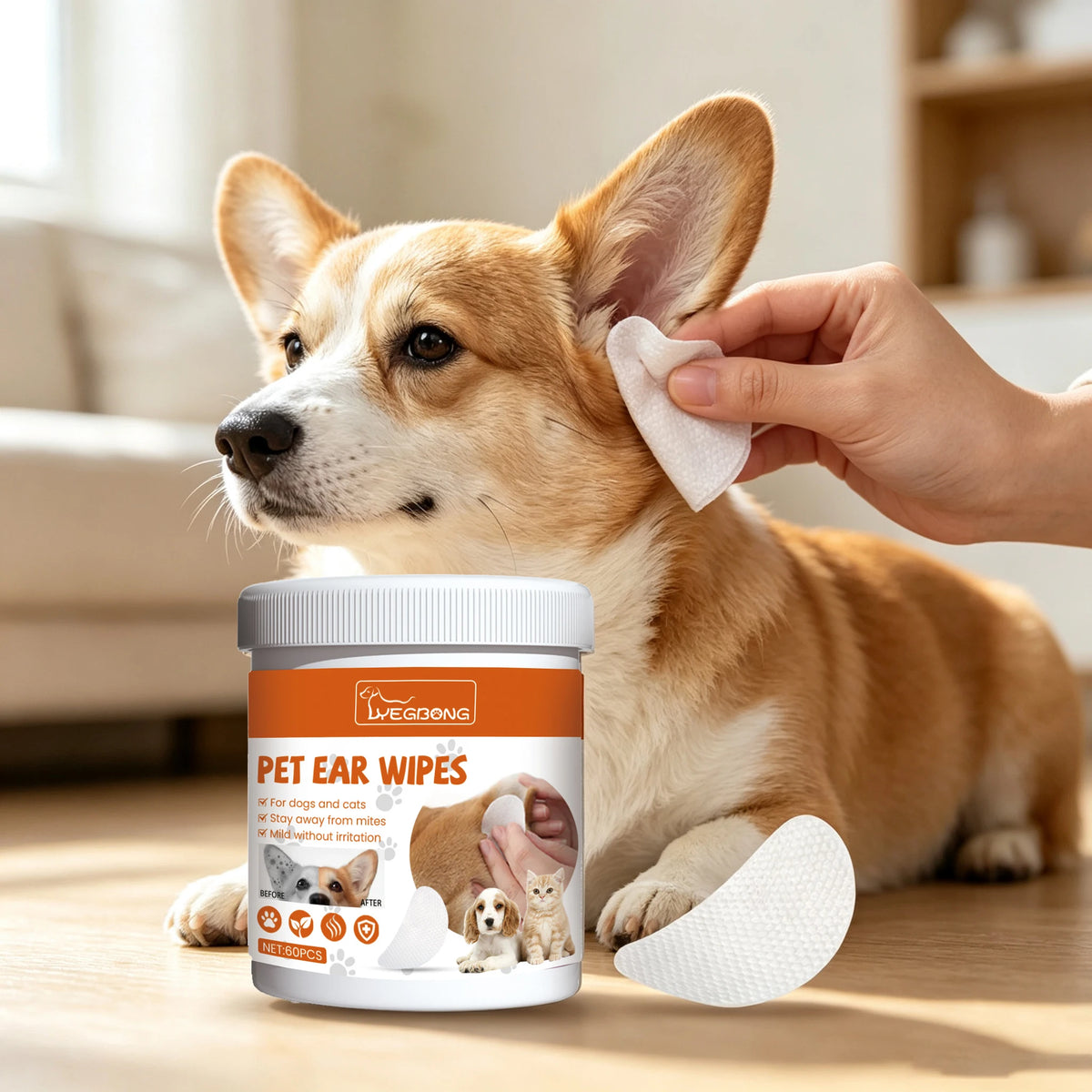 60PCS Pet Ear Cleaning Wipes Gentle Remove Earwax Reduce Ear Stains Eliminate Bad Odor Mite Removal Non-irritating Pet Ear Wet Tissues for Cats & Dogs