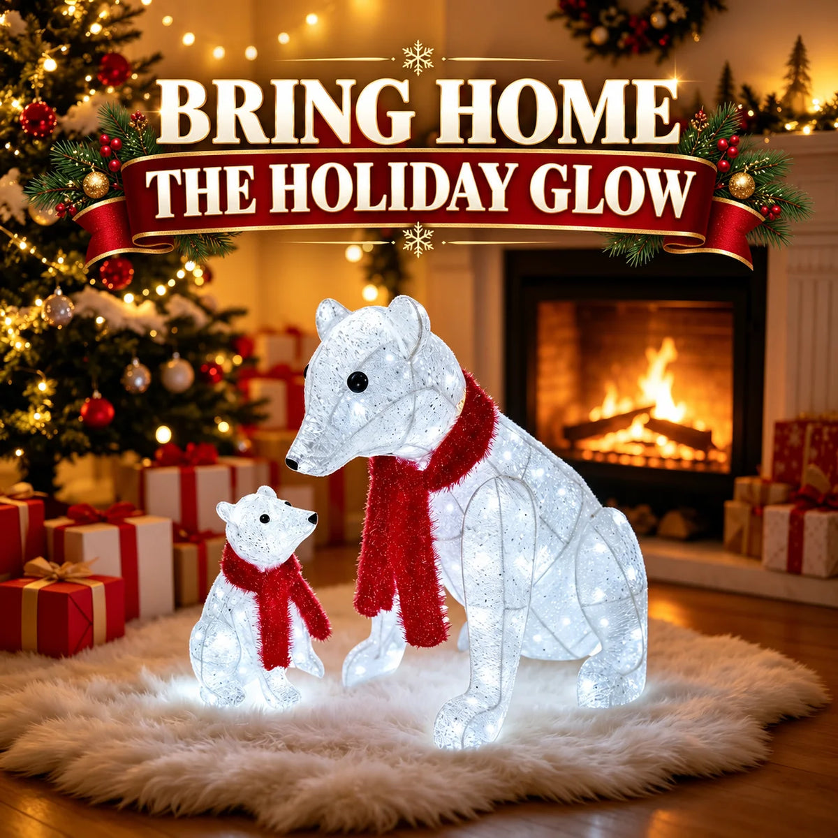 Illuminated Polar Bear Duo, 71cm & 39cm Tall, 100+40 White Bulbs, Metal Frame, Indoor Floor & Winter Display, Festive Decor For Hallway, Home Party And Window Setting. Lighted Holiday Displays, Decorative Lights, Holiday Deco