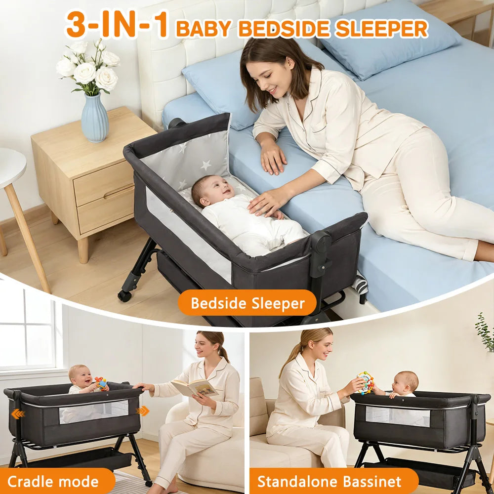 Foldable Portable Baby Bassinet And Bedside Sleeper With Metal Frame
