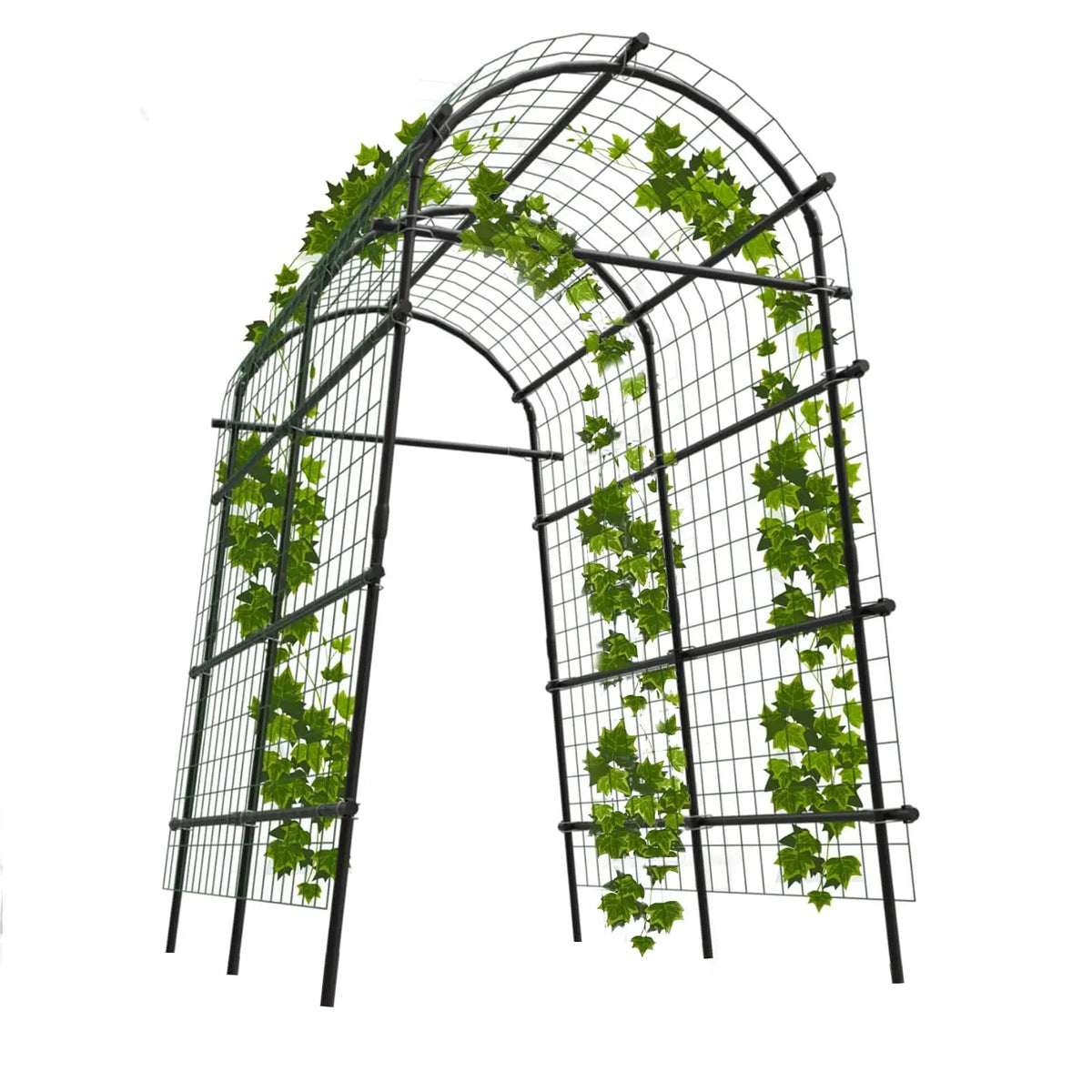 7.5FT Metal Garden Arch Trellis with Netting, Adjustable 35"–45" Wide Weatherproof Steel Arbor for Climbing Vegetables, Grapes & Roses, Fold-Out Plant Pergola with Ground Clips, Easy DIY Assembly