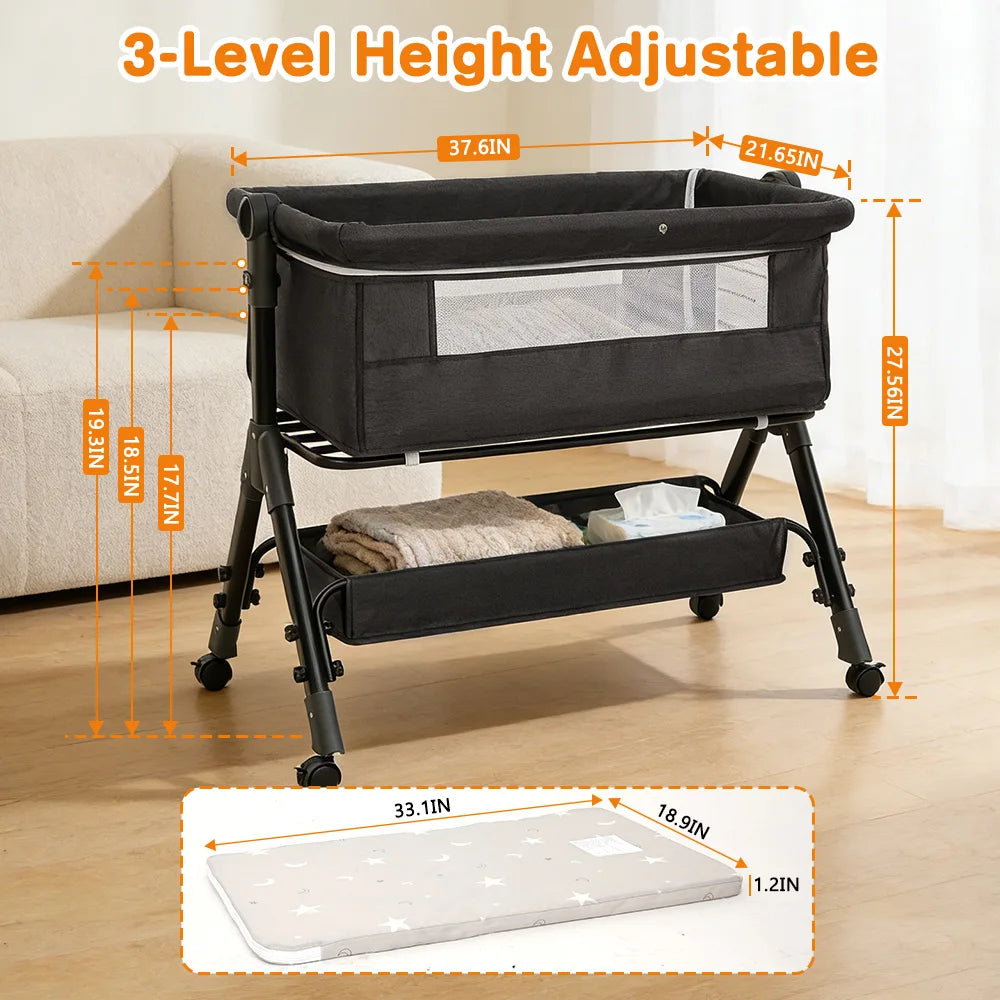 Foldable Portable Baby Bassinet And Bedside Sleeper With Metal Frame