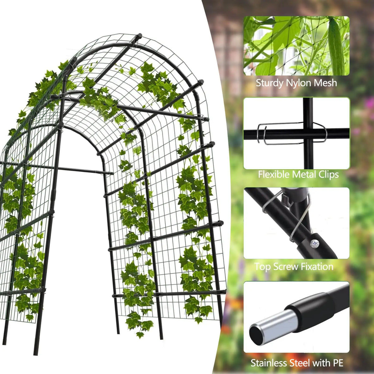7.5FT Metal Garden Arch Trellis with Netting, Adjustable 35"–45" Wide Weatherproof Steel Arbor for Climbing Vegetables, Grapes & Roses, Fold-Out Plant Pergola with Ground Clips, Easy DIY Assembly