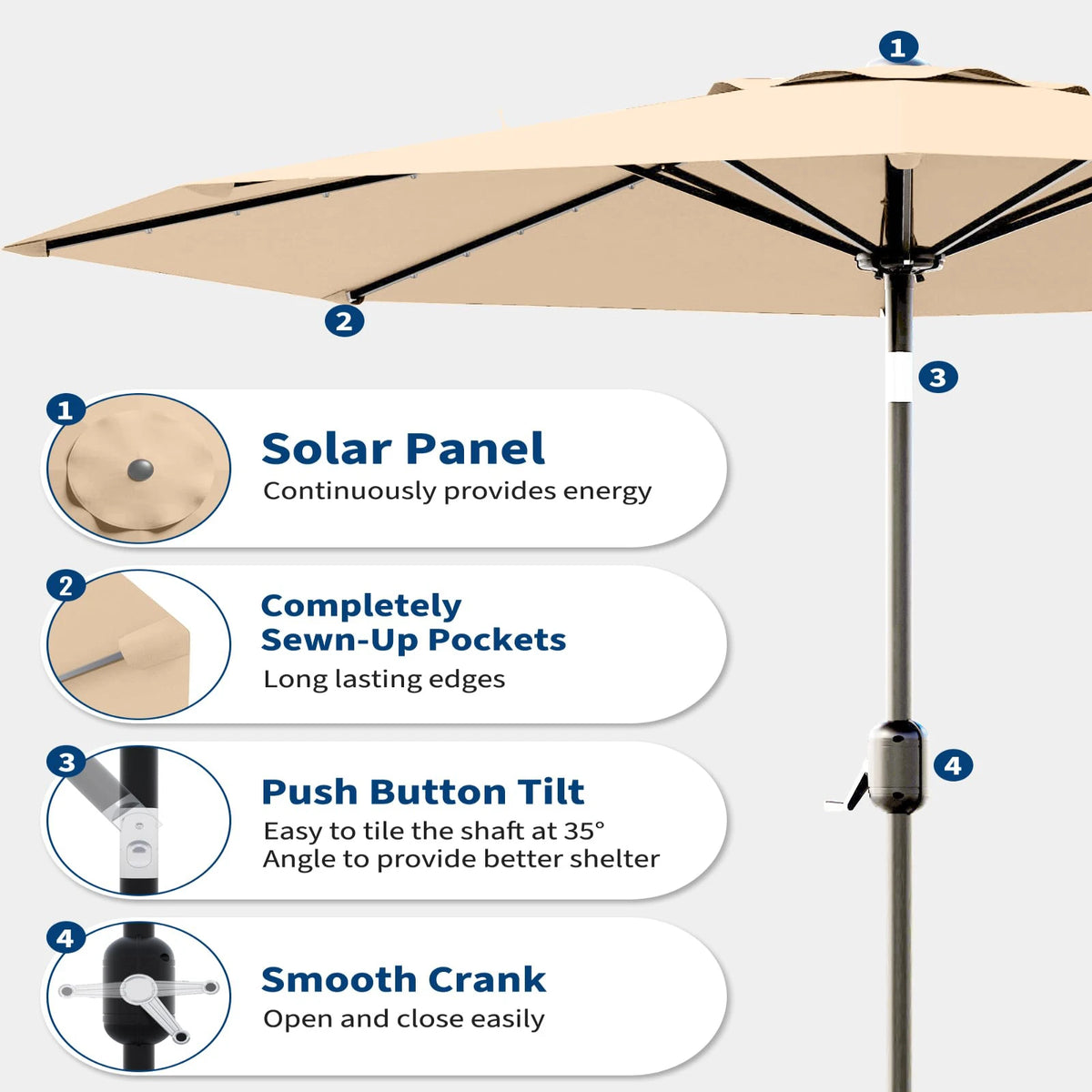 Heavy Duty Solar Patio Umbrella With Crank And Tilt