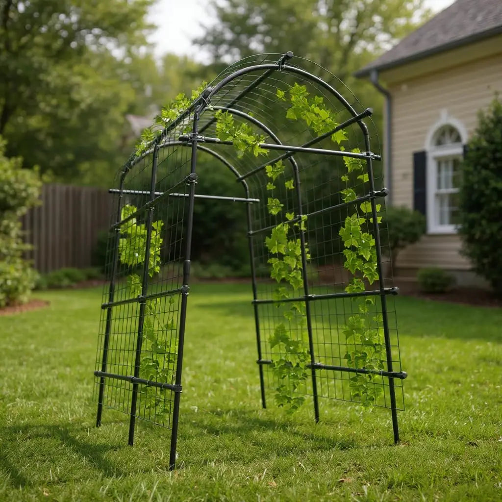 7.5FT Metal Garden Arch Trellis with Netting, Adjustable 35"–45" Wide Weatherproof Steel Arbor for Climbing Vegetables, Grapes & Roses, Fold-Out Plant Pergola with Ground Clips, Easy DIY Assembly