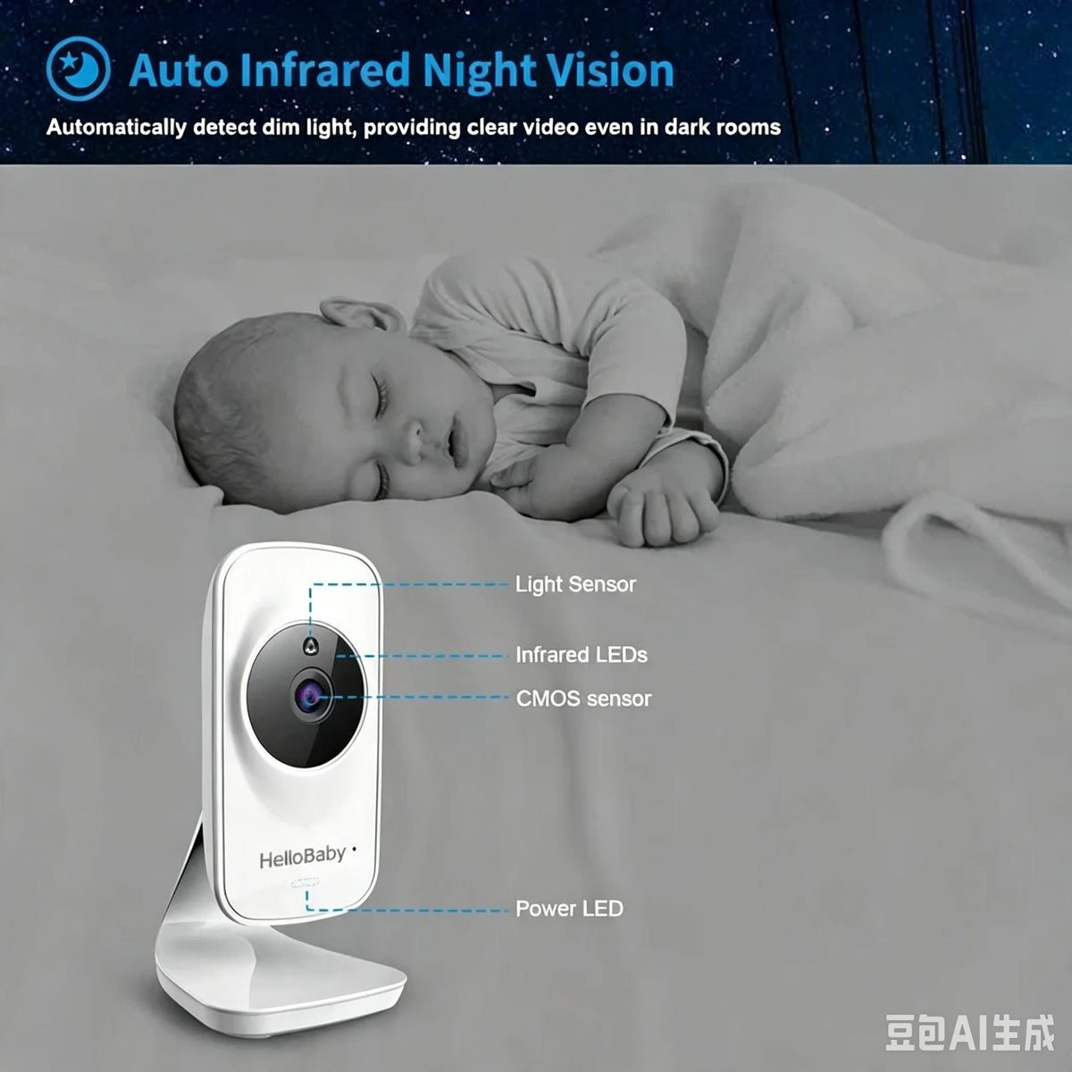 HelloBaby HB050 Baby Monitor, 5.0'' Diagonal Color Screen, Two-way Talk, Crying Detection, Infrared Night Vision, Temperature Detection, 2x Digital Zoom, Lullaby Playing