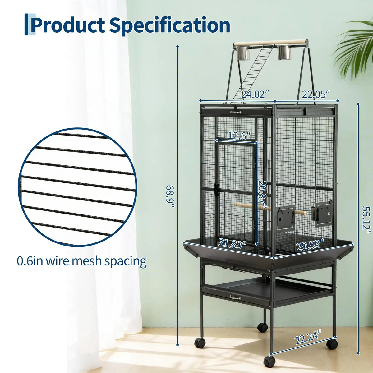 HiMISS Metal Bird Cage With Rolling Stand And Play Top