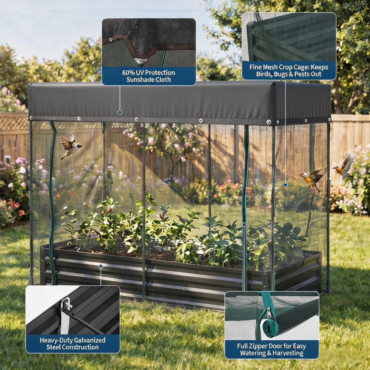 Galvanized Metal Raised Garden Bed With Self Watering Mesh Cover