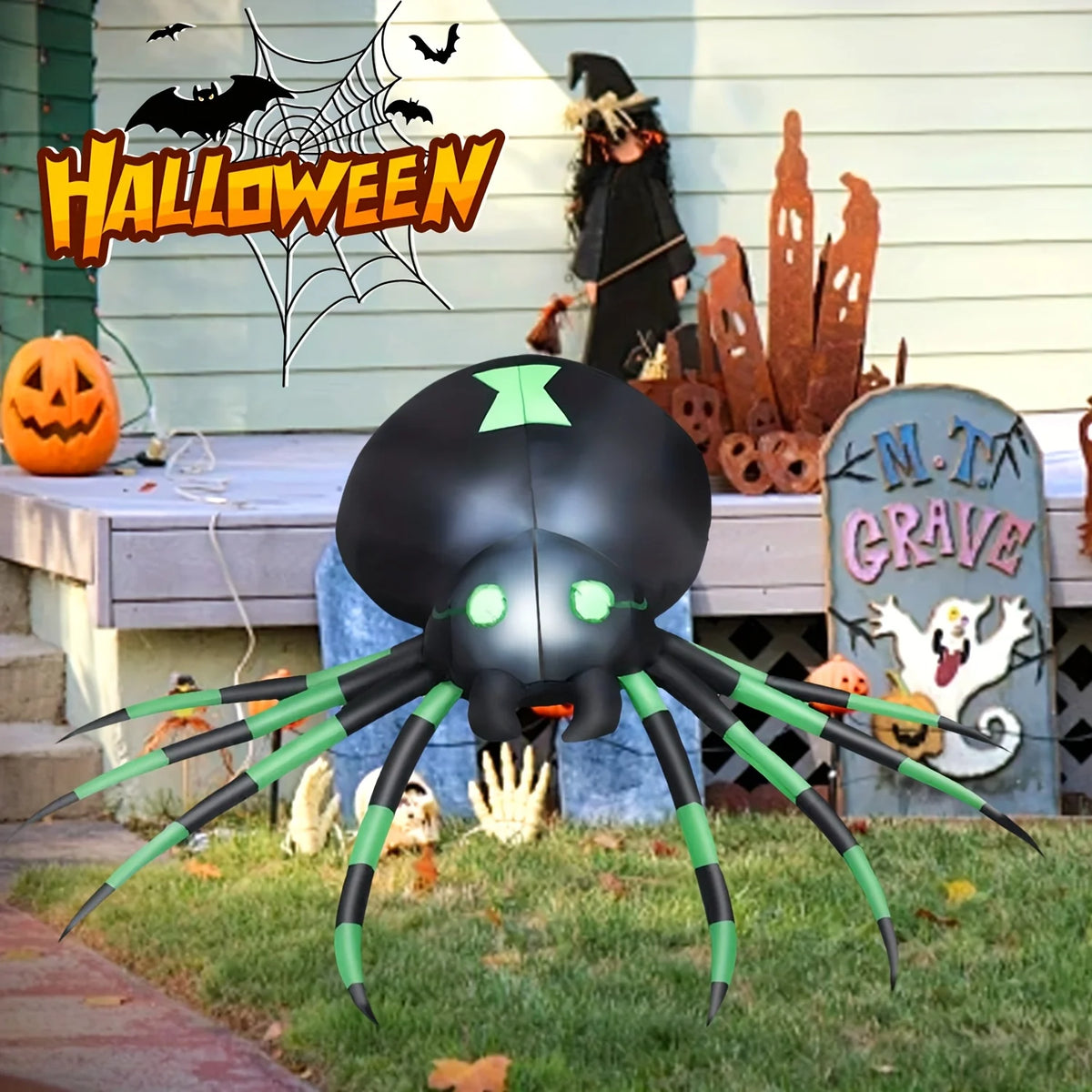 LED Inflatable Halloween Spider Yard Decor With Stakes And Blower