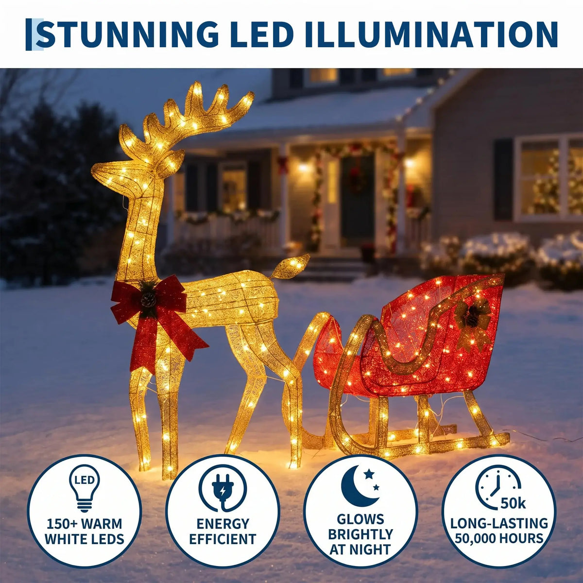 4ft Lighted Christmas Reindeer And Sleigh Set With 180 Led Lights, Outdoor Yard Decor With Ground Stakes For Lawn Patio Garden Porch
