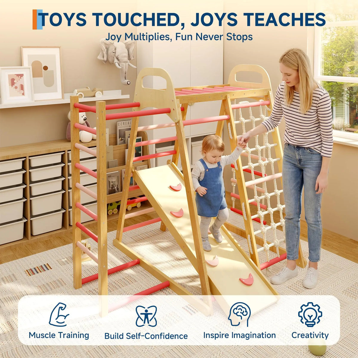 7 In 1 Extra Large Wooden Climbing Triangle Set For Kids 3-14, Foldable Indoor Jungle Gym With Slide Ramp, Arch And Animal Print
