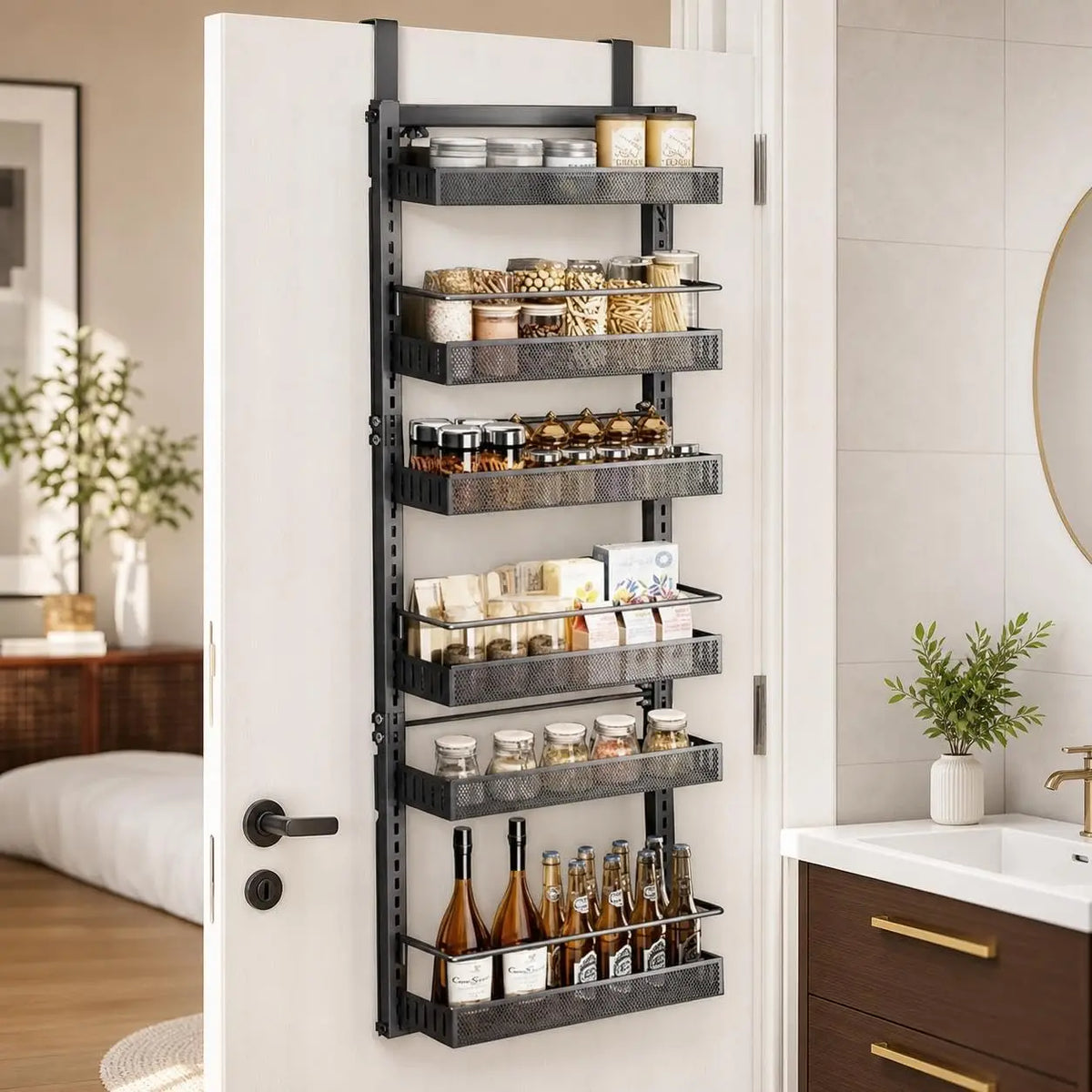 Adjustable 6-level metal pantry organizer for hanging on the door, spice organizer for hanging or wall mounting, for kitchen, bedroom, bathroom