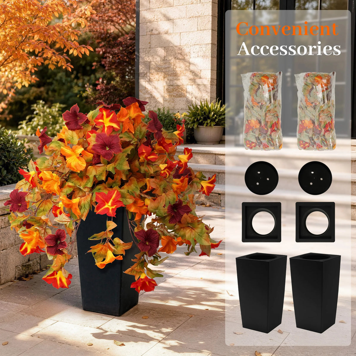 Artificial Autumn Morning Glory Plants with Orange Burgundy Leaves, 2 pack