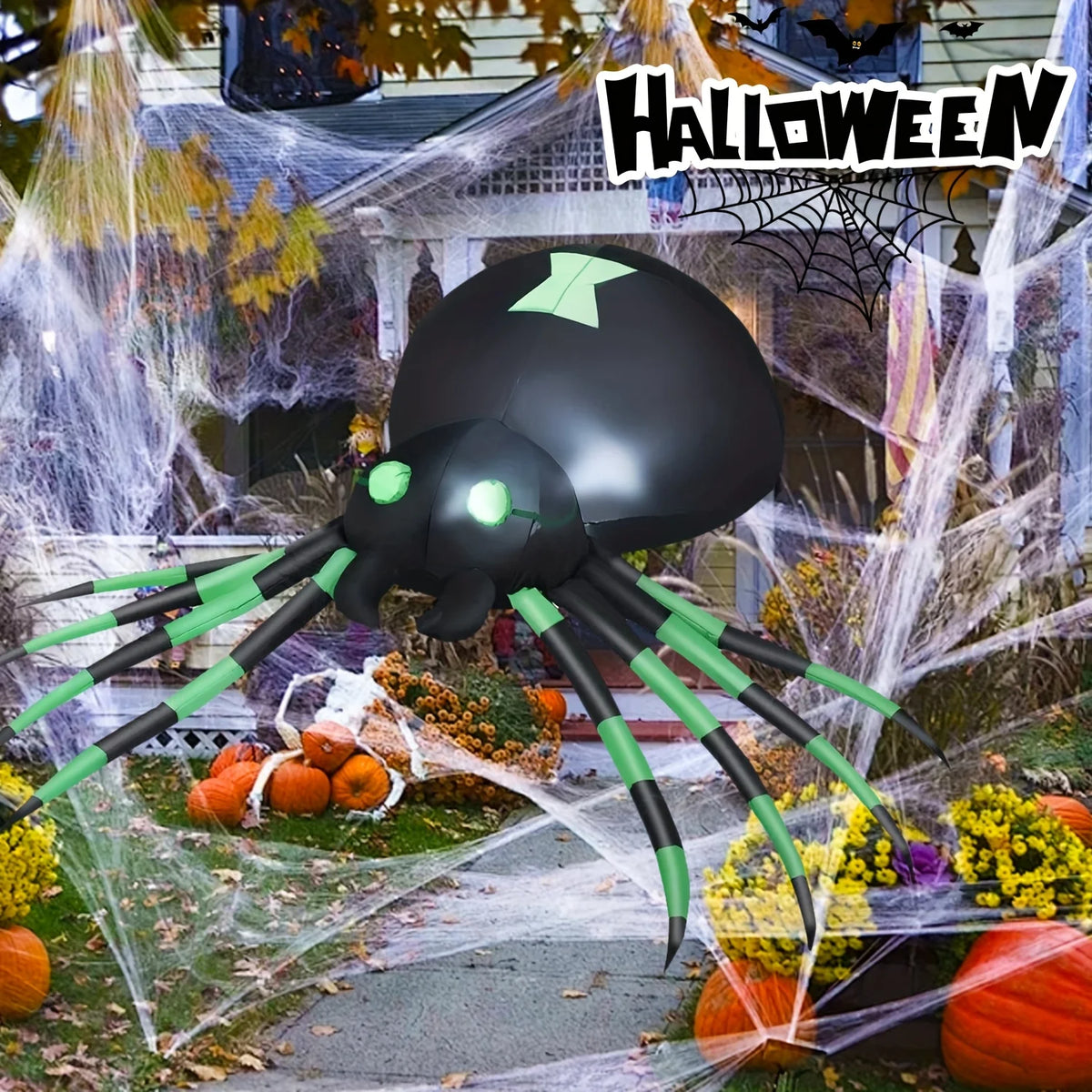 LED Inflatable Halloween Spider Yard Decor With Stakes And Blower