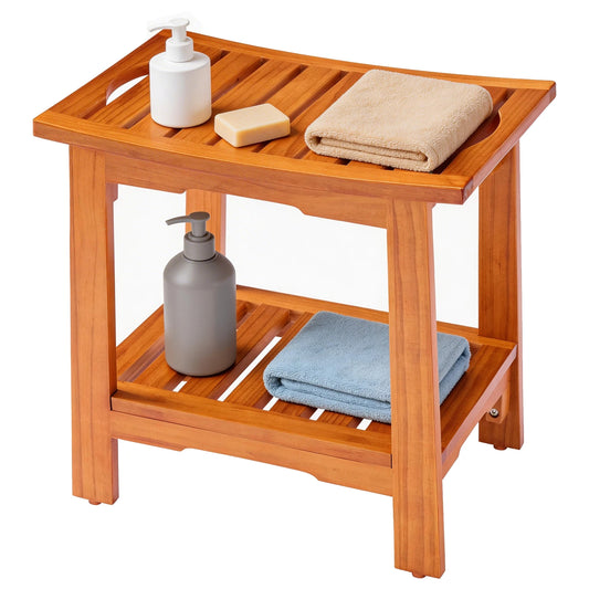 MCQ 18 Inch Wooden Bathroom Chair with Storage Shelf Waterproof Shower Bench Handles 300 LBS Capacity Showering Seat for Home