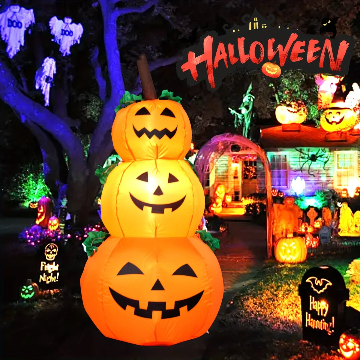 LED Halloween Stacked Pumpkin Inflatable Yard Decoration With Lights