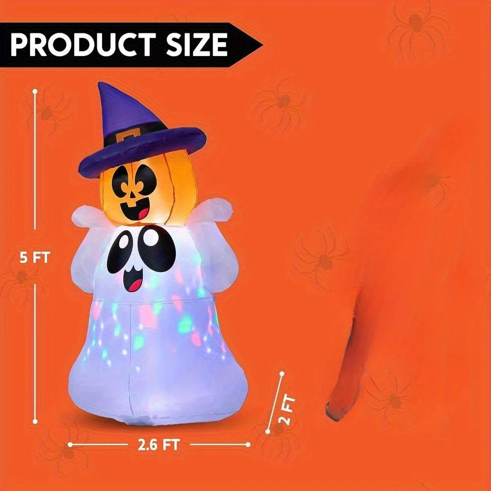 Pumpkin & Ghost Inflatable, Colorful Glowing LED Lights, 5 FT Tall
