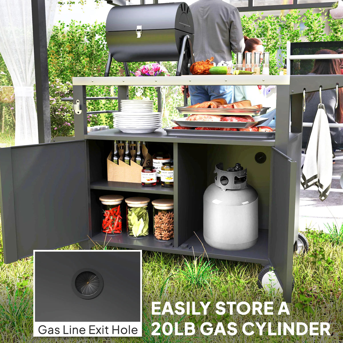 Outdoor Grill Cart Table with Foldable Side Table, Storage & Towel Rack