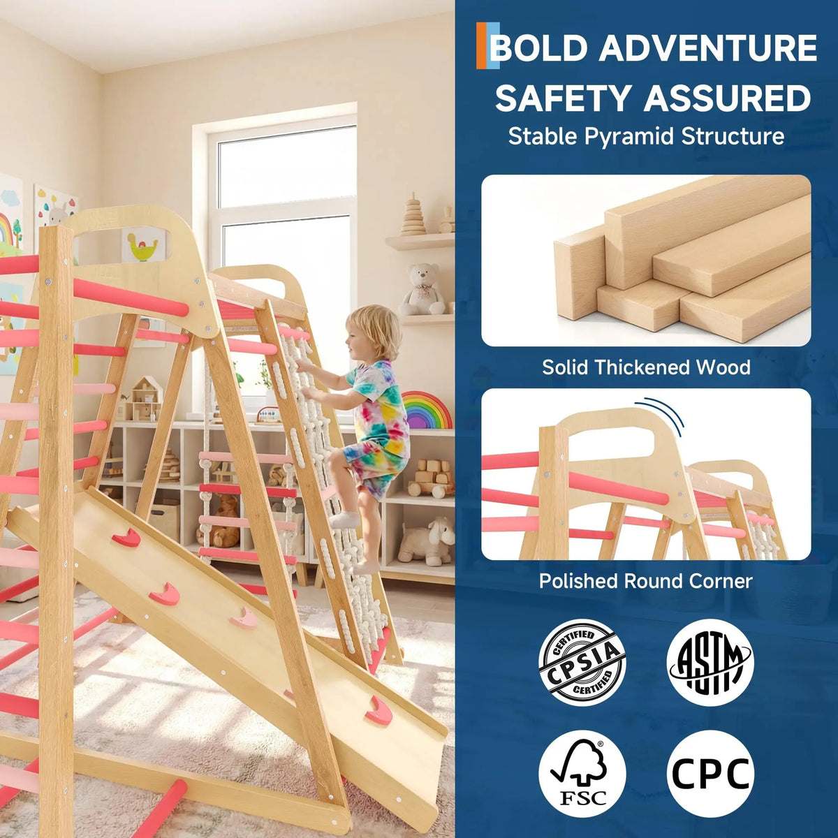 7 In 1 Extra Large Wooden Climbing Triangle Set For Kids 3-14, Foldable Indoor Jungle Gym With Slide Ramp, Arch And Animal Print