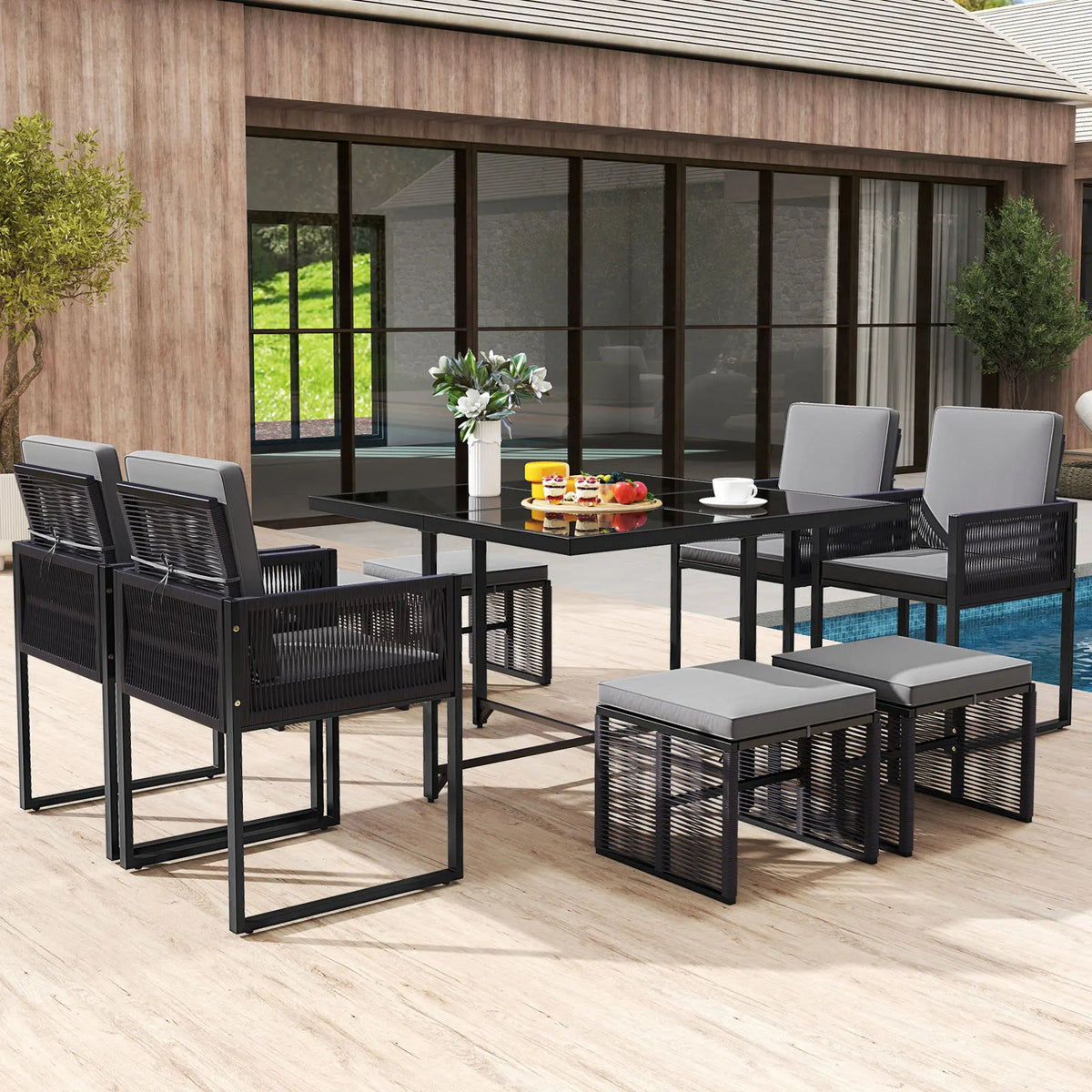 Lifezeal Outdoor Dining Set With Glass Table And Rattan Seating