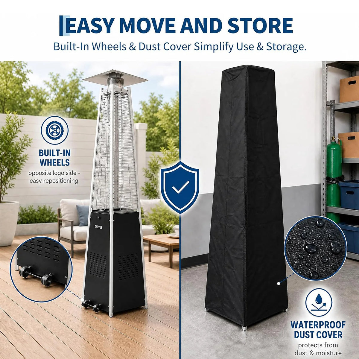 Pyramid Propane Patio Heater with Glass Tube Flame Outdoor Heater with Wheels Waterproof Cover Adjustable Heat Control Standing Heater for Patio Deck Garden Poolside Outdoor Dining