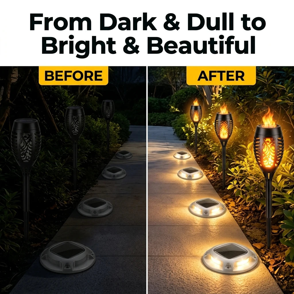 Solar Waterproof Flame Torch And LED Path Garden Yard Lights