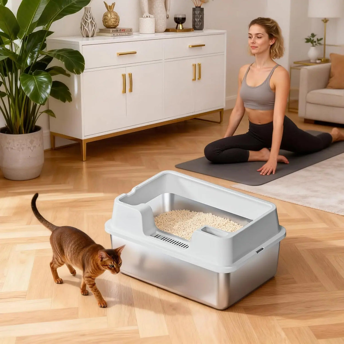 HiMiss Enclosed Stainless Steel Cat Litter Box With High Sides