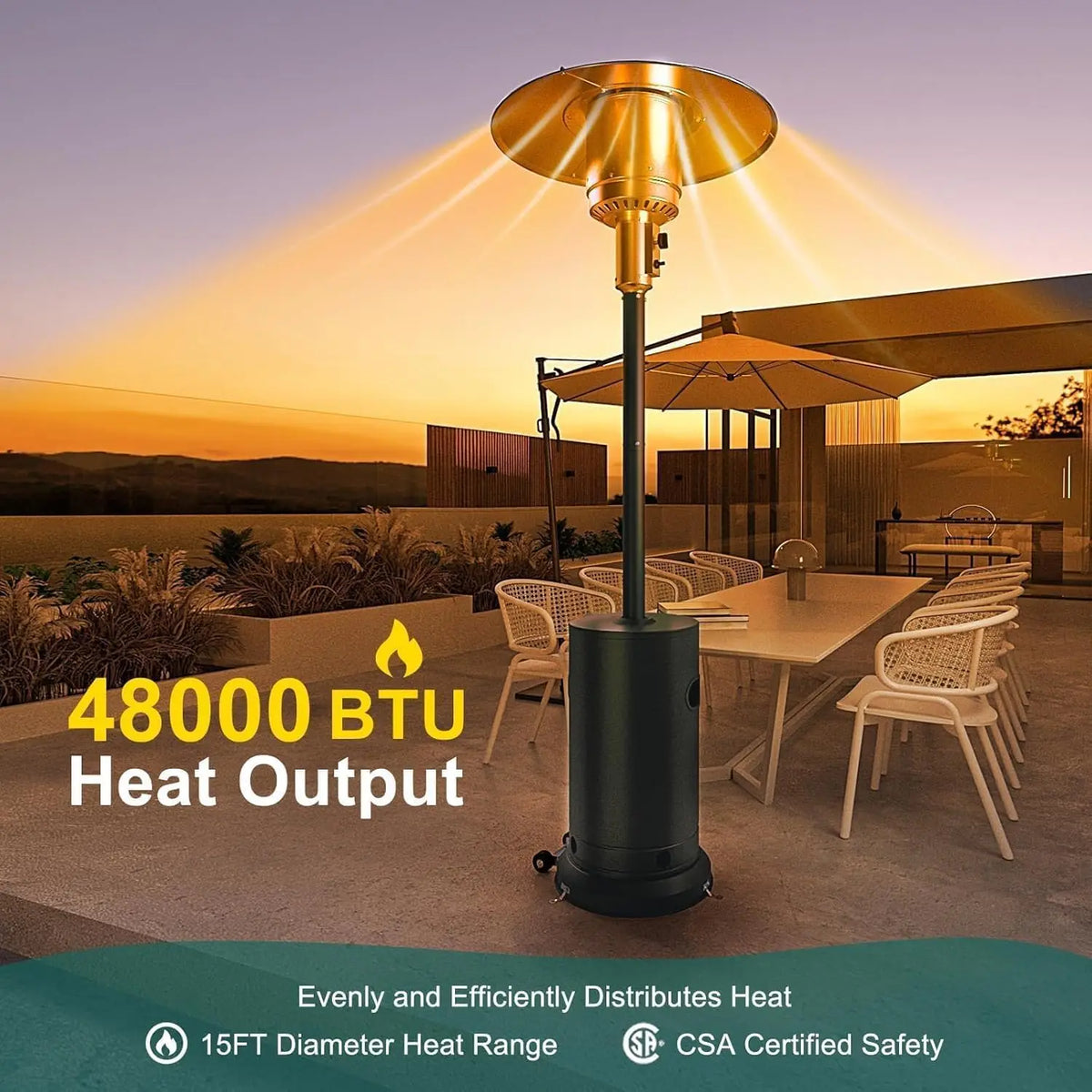 48,000 BTU Outdoor Heat Lamp - Outdoor Heaters for Patio With Wheels,Stainless Steel Gas Heating Unit With Adjustable Standing f