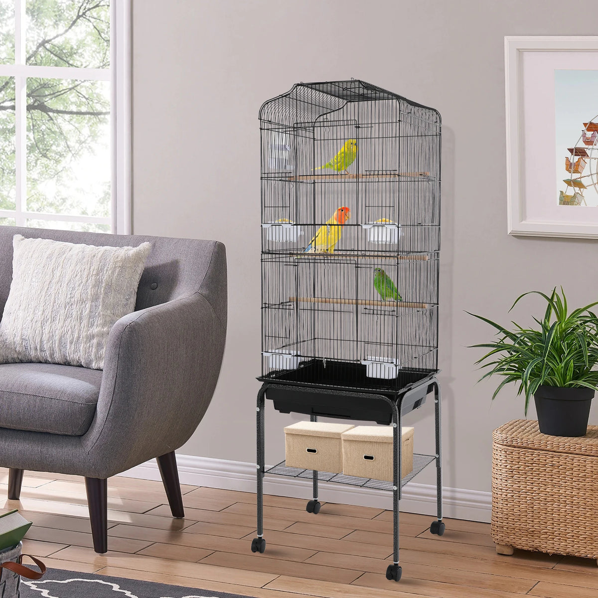 Spacious Iron Bird Cage With Stand And Wheels For Parrots