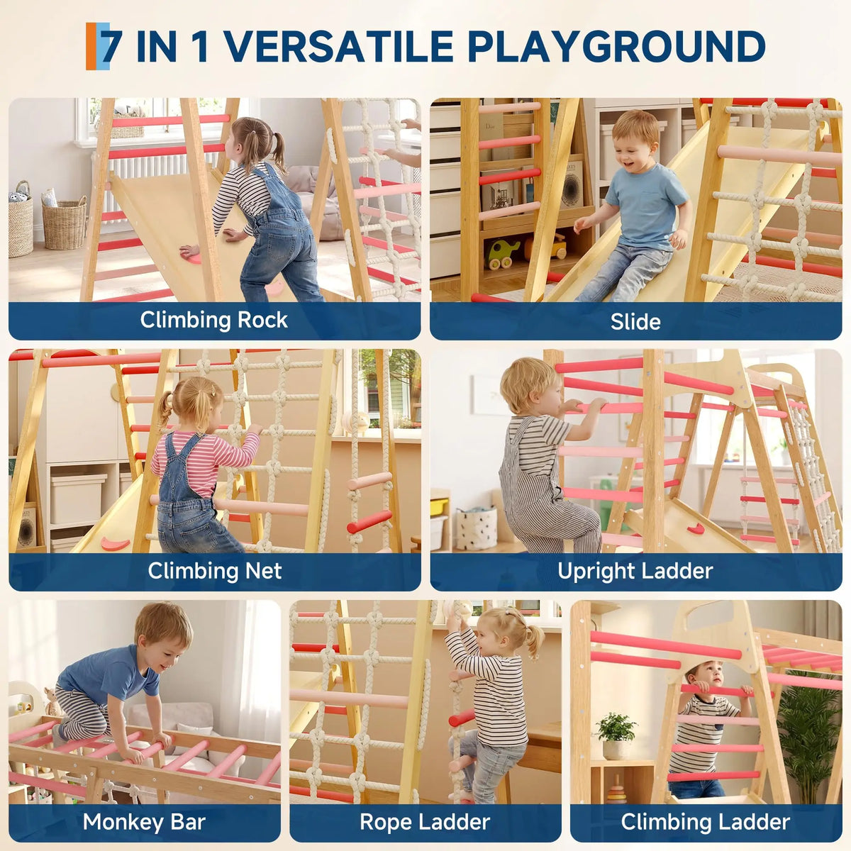 7 In 1 Extra Large Wooden Climbing Triangle Set For Kids 3-14, Foldable Indoor Jungle Gym With Slide Ramp, Arch And Animal Print