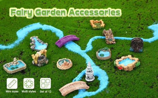 12 Pcs Fairy Garden Mini Accessories Kit with Mini Water Bridge Figurines, Lighthouse, Pond Lawn Ornaments - DIY Crafts, Different Styles Party Accessories for Building with Family Members, Succulent Dollhouse Bonsai Terrariu