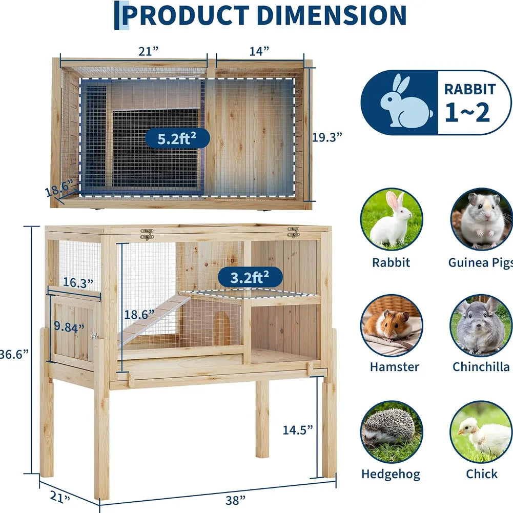 Wooden Guinea Pig Cage Indoor with Stand, 38' 2-Story Rabbit Hutch W/Ramp & Hideout, Clear Vision, Leak-Proof Pull-Out Tray, Lockable Door, Bunny Hamster Habitat