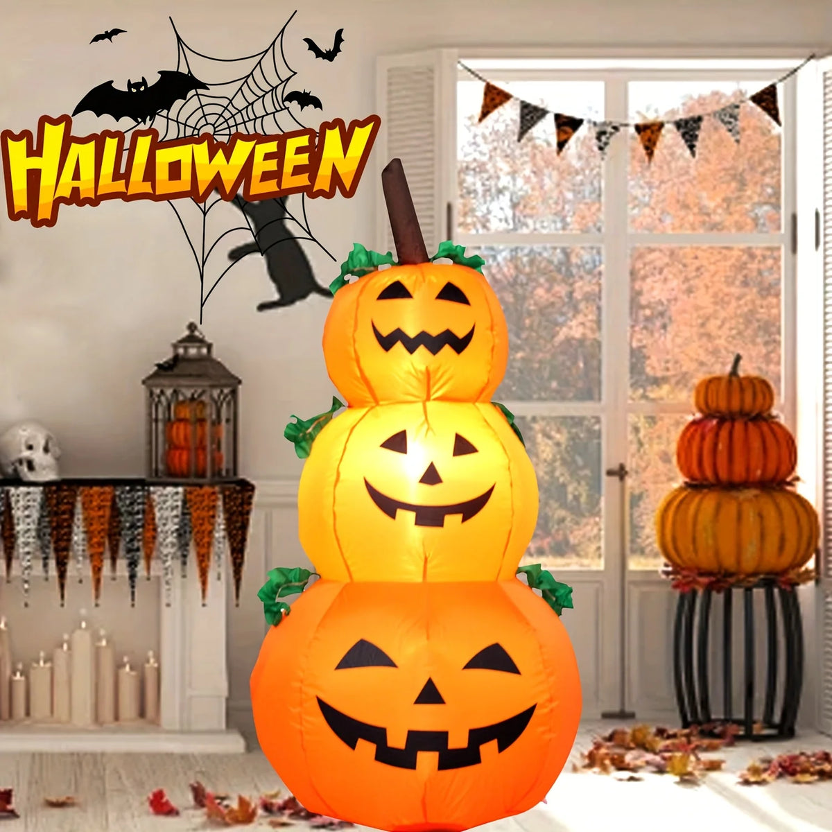 LED Halloween Stacked Pumpkin Inflatable Yard Decoration With Lights