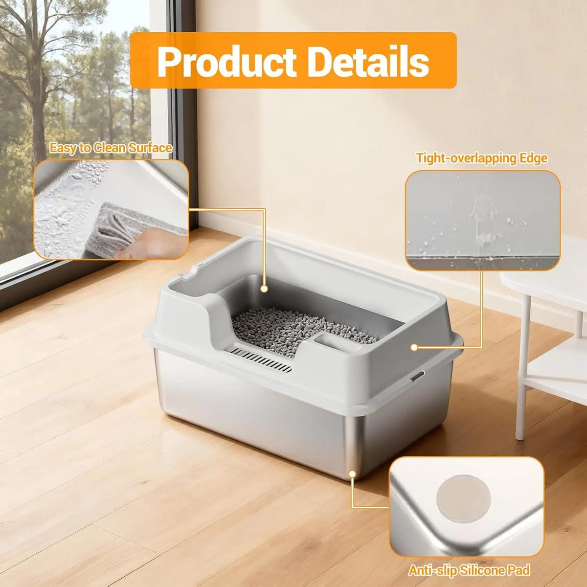 HiMiss Enclosed Stainless Steel Cat Litter Box With High Sides