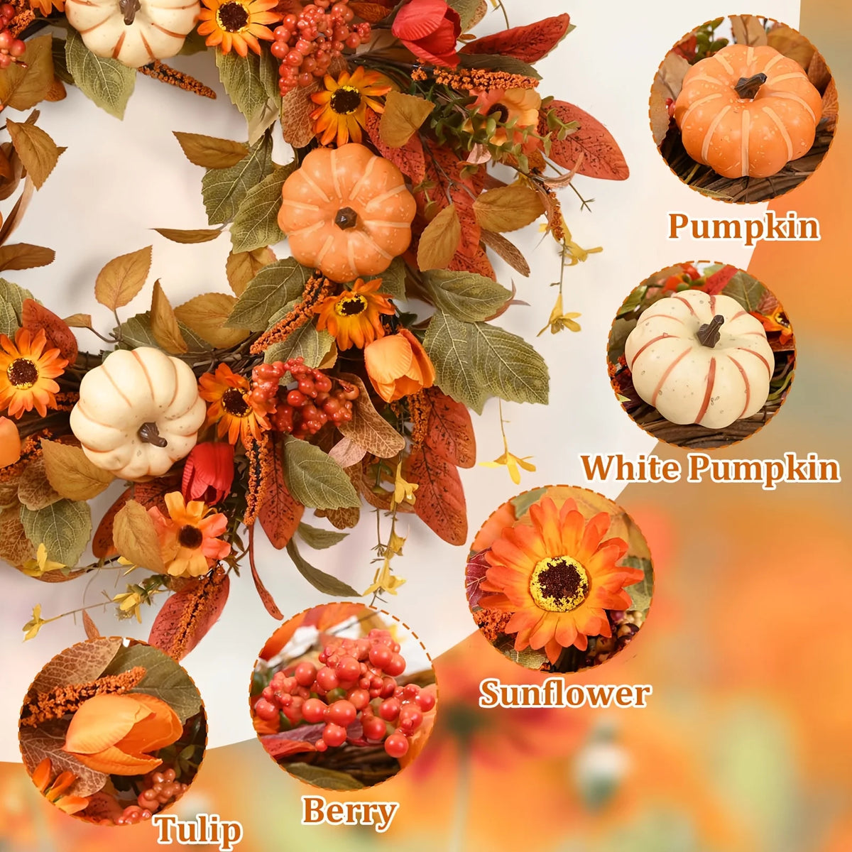 Autumn Wreath with Pumpkins, Leaves & Flowers, Perfect for Your Front Door, 22" Inch