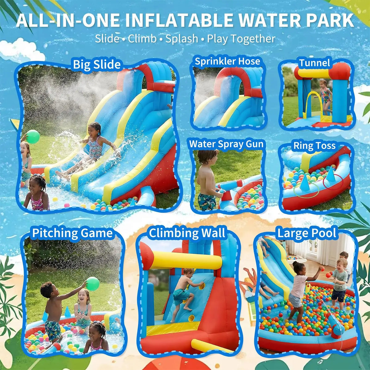 23FT 8-in-1 Inflatable Water Slide Bounce House With Blower, Dual Slides, Splash Pool, Outdoor Kids Water Park Ages 3-10